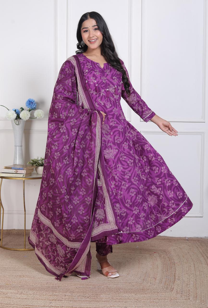 Cotton Anarkali Kurta Set with Pant & Dupatta – Elegant & Graceful