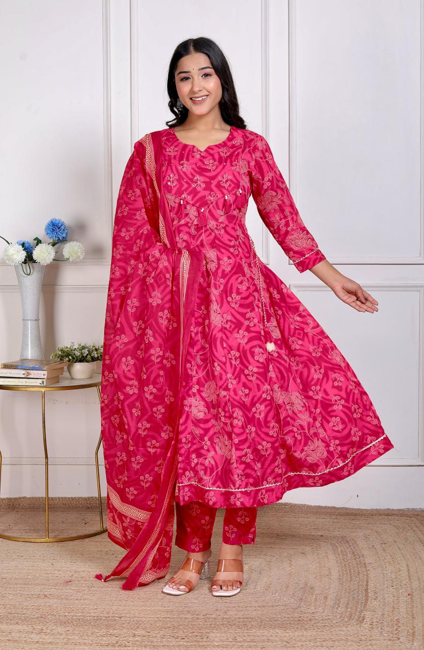 Women Cotton Printed Anarkali Kurta Pant with Dupatta Set