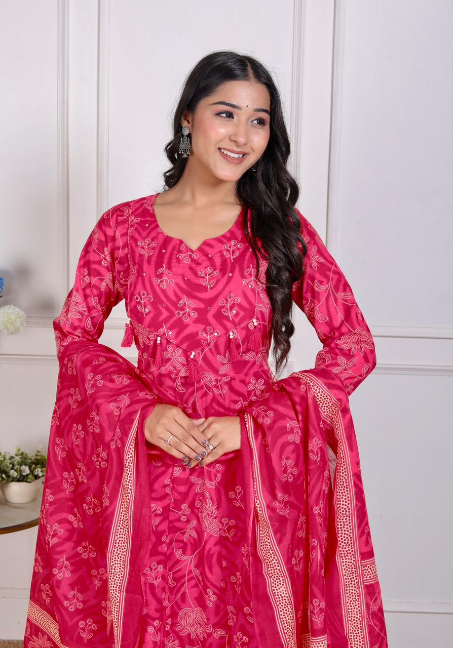 Women Cotton Printed Anarkali Kurta Pant with Dupatta Set