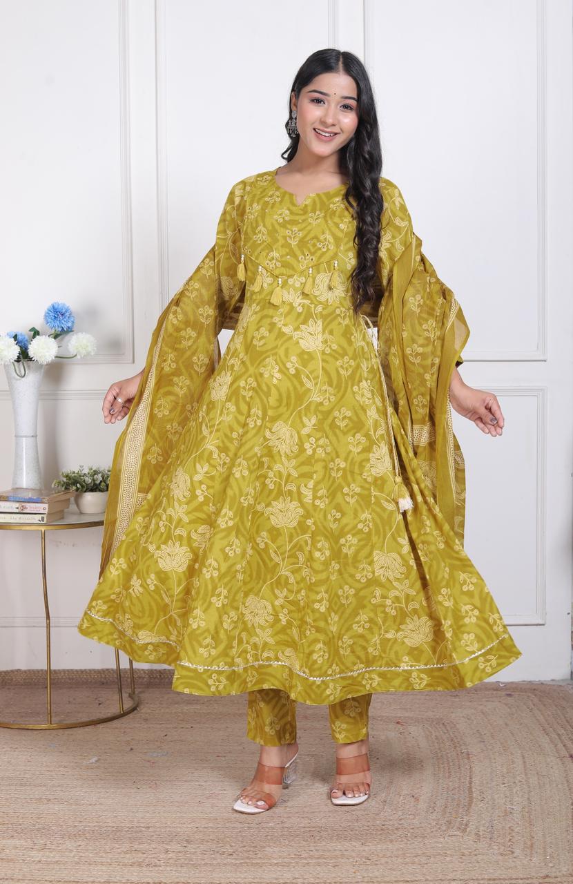 Women’s Printed Cotton Anarkali Kurta Pant Dupatta Set (3 Piece Set)