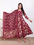 Women Cotton Printed Anarkali Kurta Pant with Dupatta Set