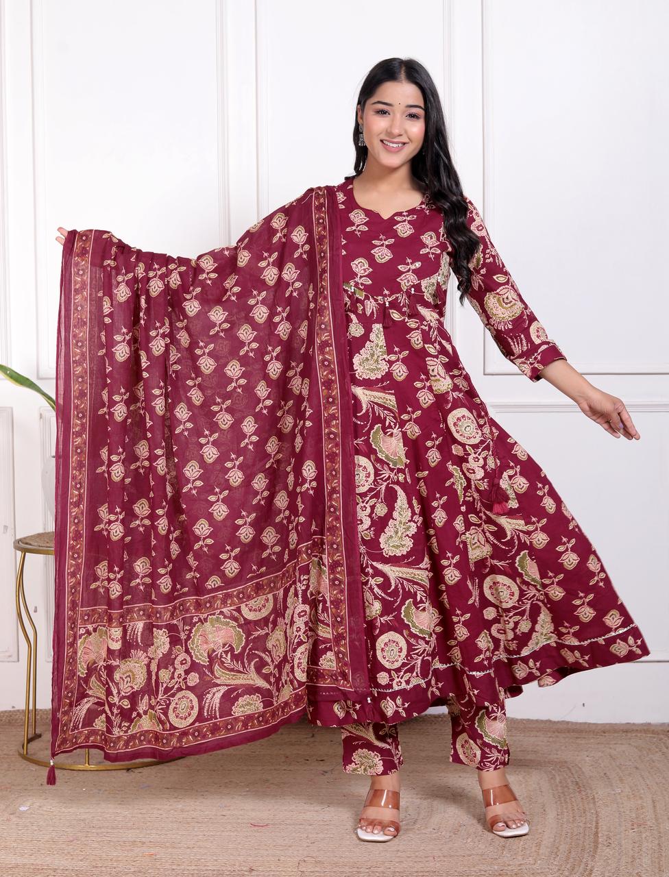 Women Cotton Printed Anarkali Kurta Pant with Dupatta Set