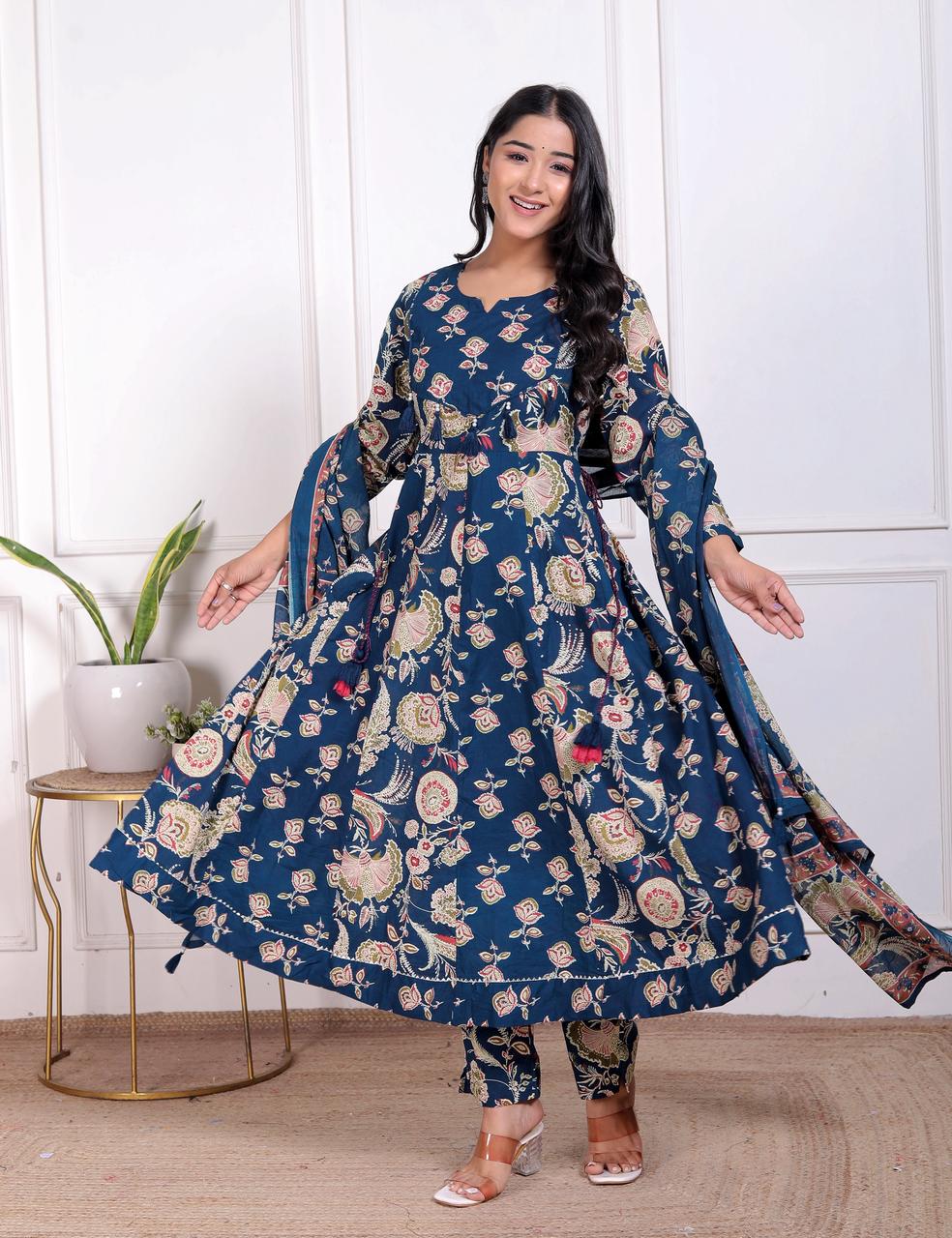 Women Cotton Printed Anarkali Kurta Pant with Dupatta Set