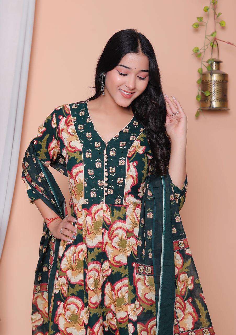 Women’s Printed Cotton Anarkali Kurta Pant Dupatta Set (3 Piece Set)