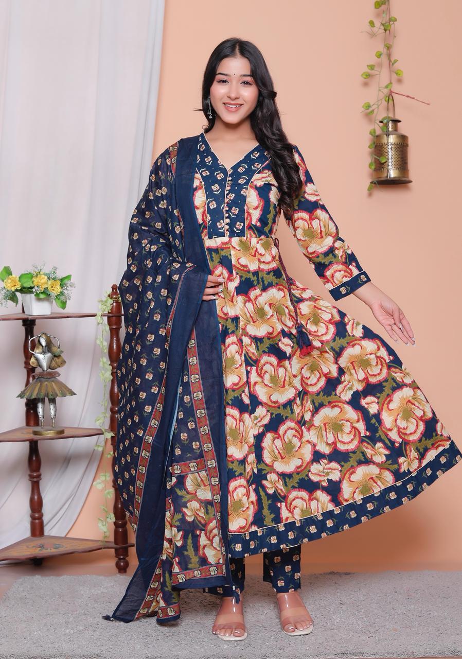 Women’s Printed Cotton Anarkali Kurta Pant Dupatta Set (3 Piece Set)
