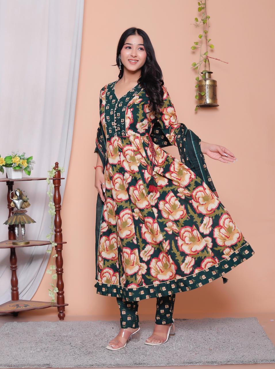 Women’s Printed Cotton Anarkali Kurta Pant Dupatta Set (3 Piece Set)