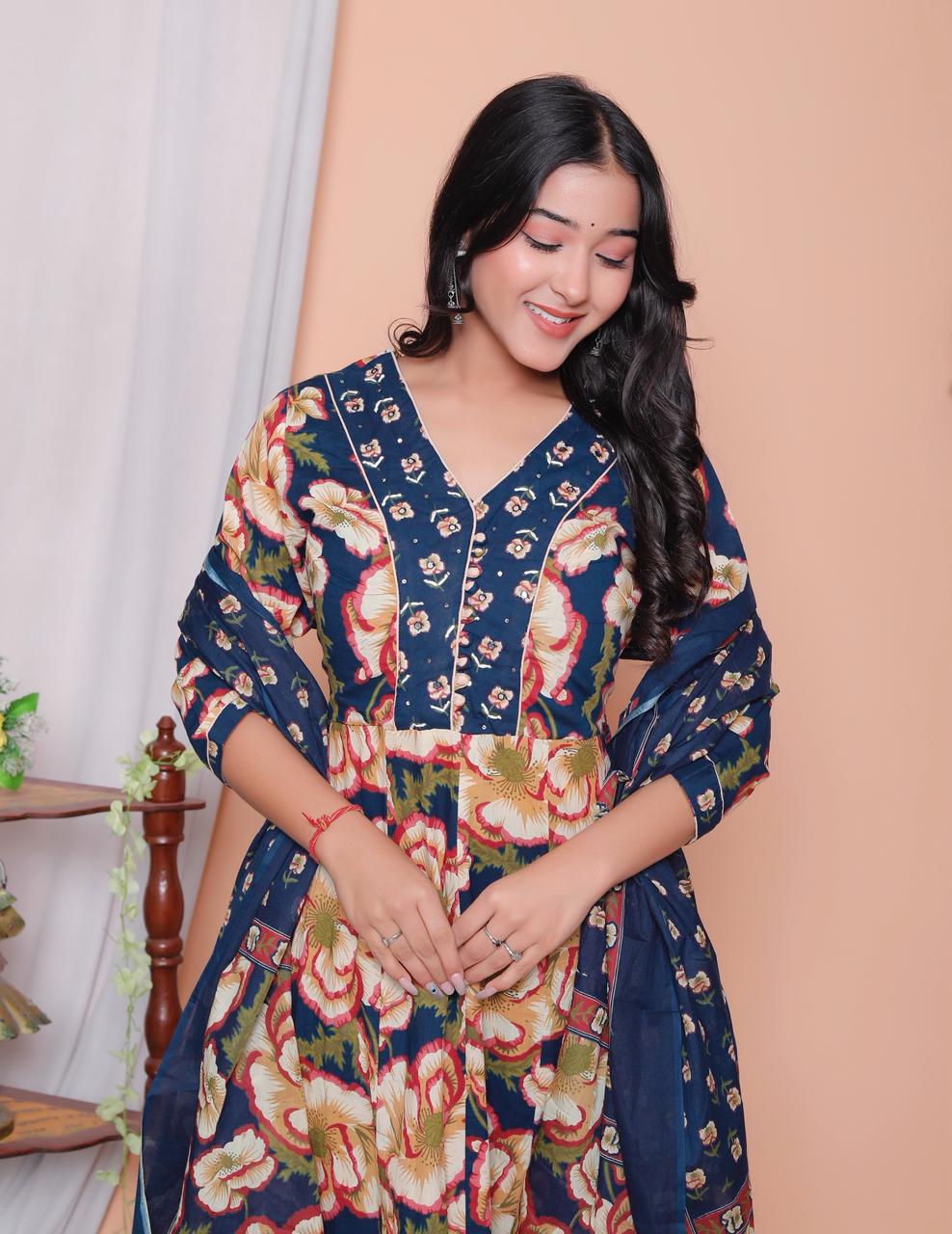 Women’s Printed Cotton Anarkali Kurta Pant Dupatta Set (3 Piece Set)